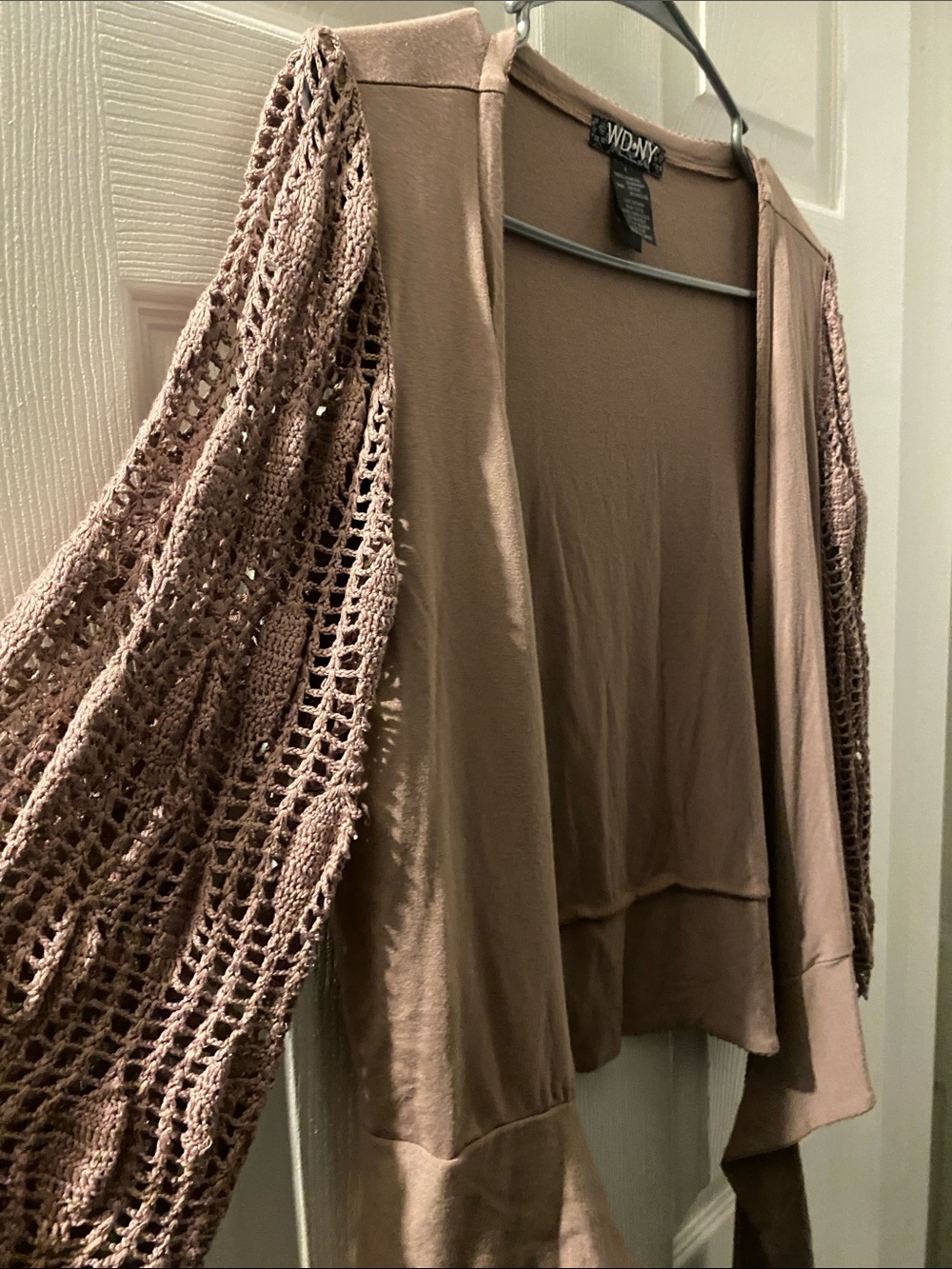 WD.NY Taupe Open-Front Crochet Sleeve Cardigan